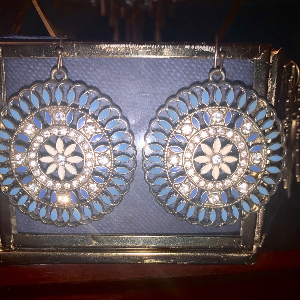 Blue Flower And Rhinestone Disk Earring